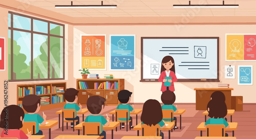 Teacher standing in classroom with students flat vector illustration school education learning scene interior