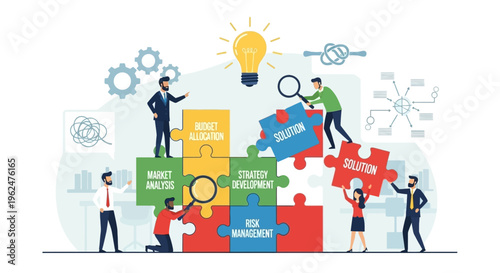 Business team assembling strategy puzzle with market analysis budget allocation risk management and solution flat vector illustration