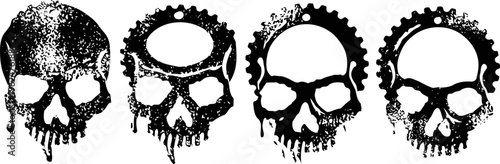 Grunge skull silhouettes with gear and halo elements in black vector set