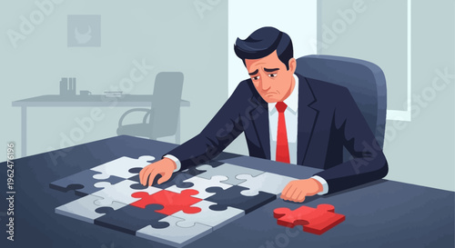 Frustrated businessman solving puzzle at office desk flat vector illustration problem solving challenge concept