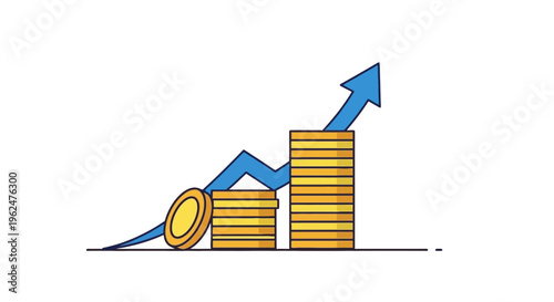 Growing stack of coins with upward arrow flat vector illustration financial growth investment profit concept