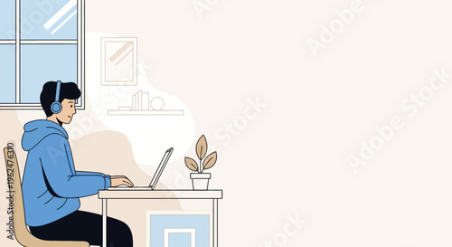 Young man working on laptop at home desk flat vector illustration remote work online study and freelance concept
