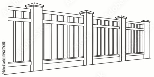 A detailed line drawing of a wooden fence with vertical panels and horizontal rails