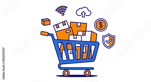 Online shopping cart with packages flat vector illustration ecommerce delivery payment and secure purchase concept