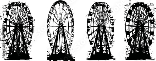 Black ferris wheels silhouettes with textured grunge isolated on white background