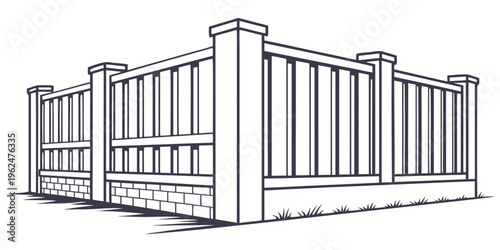 A detailed illustration of a tall, ornate fence with stone pillars and vertical bars.