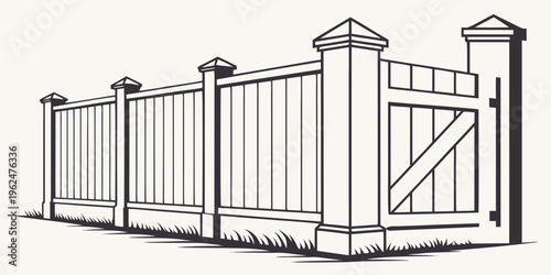 A tall, white picket fence with a gate and decorative posts in a grassy area.