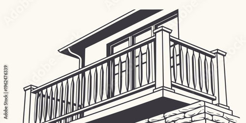 A detailed sketch of a balcony with a roof and railing on a building