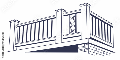 A detailed illustration of a classic wooden balcony with brick base