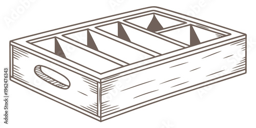 A wooden tray with six compartments holding triangular pieces of food.