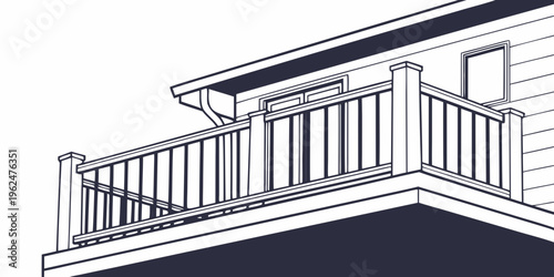 A detailed architectural drawing of a house with a balcony and an awning