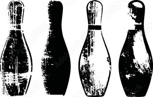 Four vintage distressed bowling pins silhouettes with grunge texture isolated on white background