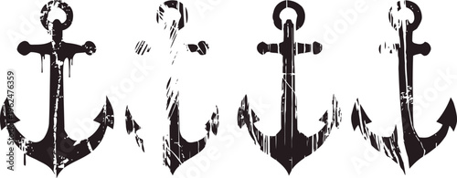 set of four black vintage anchors in distressed isolated on white background