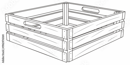 A detailed illustration of a wooden crate with a lid, showcasing its structure and design.