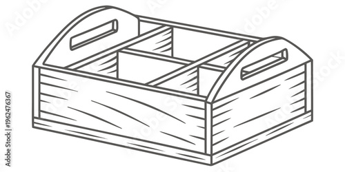 A wooden toolbox with three compartments and a handle on top.