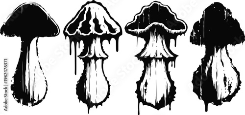 Illustrations of ink splash mushrooms in abstract grunge style, black and white fungal shapes set