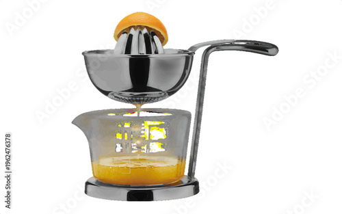 Chrome citrus juicer extracting orange juice into a glass measuring cup with kitchen utensil