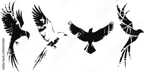 black abstract flying bird silhouettes with spread wings in mid air dynamic poses