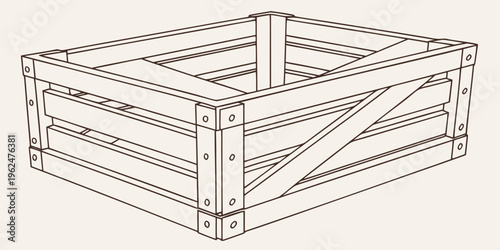 A detailed illustration of a wooden crate with slatted sides and a base