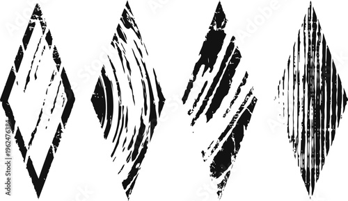 set of four black grunge distressed diamond shapes with textured and worn effects on a white background
