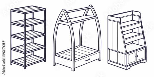 A set of three different types of shelving units in a room