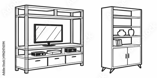 Modern entertainment center with tv and storage shelves