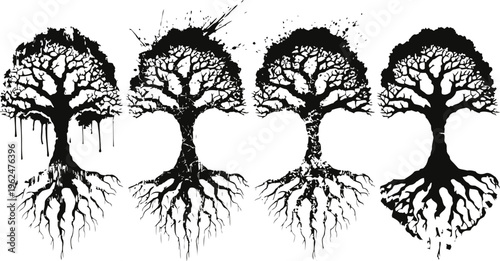 black silhouette trees with roots and splatter paint effect abstract nature symbols with detailed branches and exposed root systems