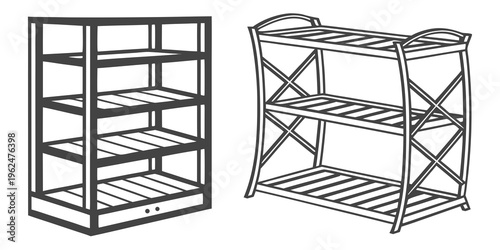Wooden furniture pieces consisting of a bookshelf and a rack.