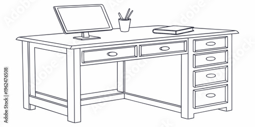 A wooden corner desk with a laptop, a mug, and some stationery on top.