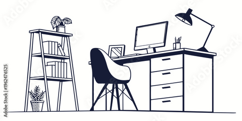 A modern home office setup with a desk, chair, and bookshelf