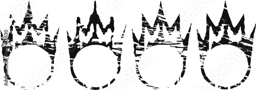Four distressed black crowns with grunge texture on white background in a row