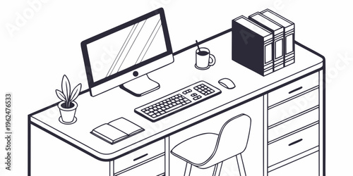 A well-organized home office setup with a computer, books, and a chair