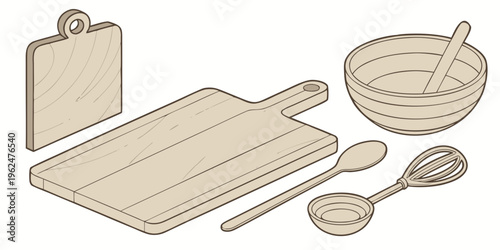 A set of wooden cooking utensils and cutting board