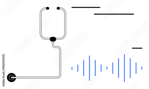 Audio technology, sound engineering, media design, communication solutions, podcast production, digital sound. Headphones with connecting lines and blue sound waves. Audio technology and sound