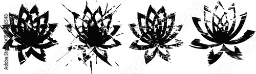 abstract lotus flower silhouettes in black and white with distressed brush stroke effect