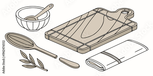A collection of traditional bread making tools and ingredients