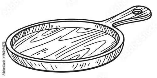 A black and white illustration of a frying pan with a handle.