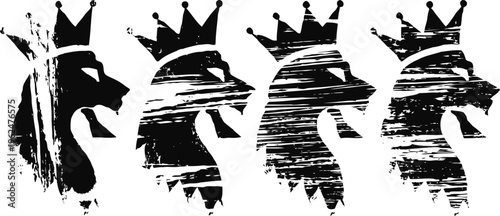 Four black distressed lion head silhouettes wearing crowns arranged in a row