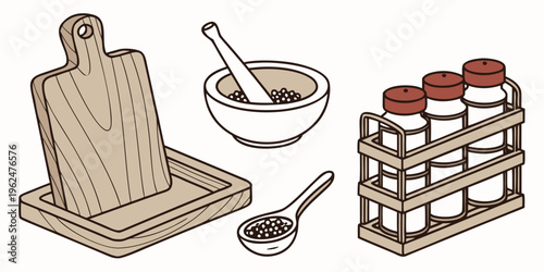 A wooden cutting board, a bowl of dough, and a stack of bread loaves on a table.