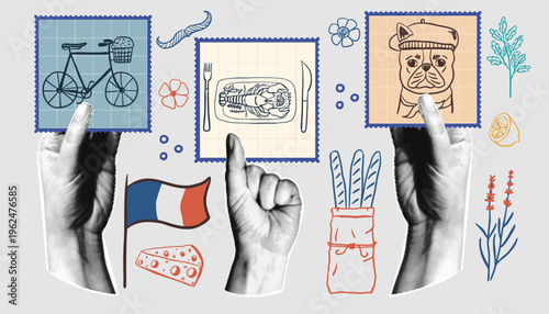 Set of retro collage elements with french culture symbols, bulldog, baguette, cheese, flag and bicycle.  Paris travel hand-drawn stamps.