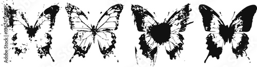 grunge butterfly silhouettes in black ink set of four artistic inkblot wings