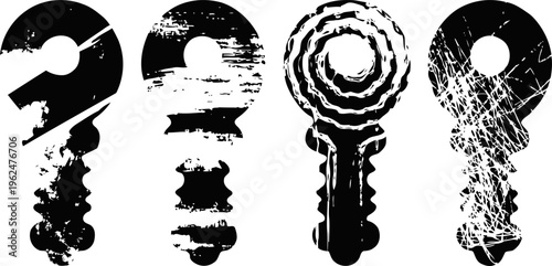 Grunge question mark and key shapes set distressed and textured symbols collection