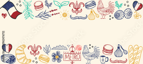 Hand drawn french culture doodle border with paris symbols like rooster, croissant, macaron, flag and metro sign. Travel background design
