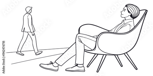 A woman relaxing in a chair while a man walks by in the background.