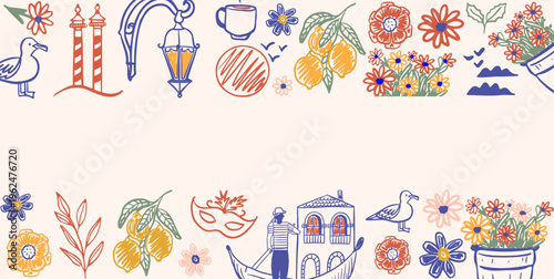 Italian travel doodle border with venice gondola, lemon, flower and carnival mask. Mediterranean vacation banner design