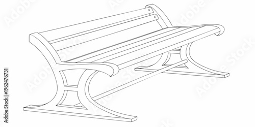 A detailed sketch of a classic wooden bench with curved armrests and legs