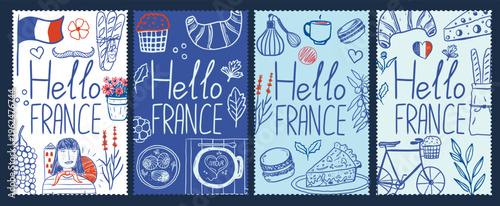Hello france hand drawn travel postage stamp collection. French culture cards with traditional food, girl, bicycle and lavender. Vacation poster design