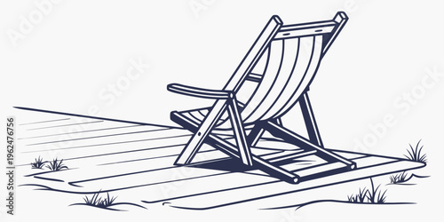 A solitary deck chair on a wooden deck overlooking a beach