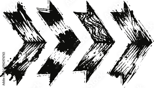 Grunge black arrow brushes in four distinct textured styles pointing right, rough design elements