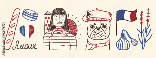 French culture doodle set. Travel elements, parisian girl, bulldog in beret, baguette and macaron. Hand-drawn graphic design